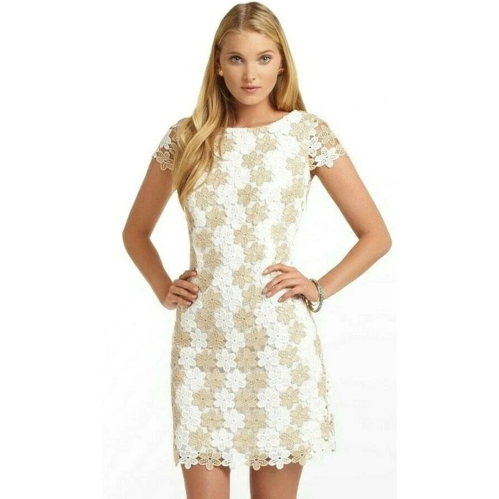 Lilly Pulitzer White Gold Floral Lace Shift Dress Cap Sleeve V-Back Mini Size 8 - Picture 1 of 6